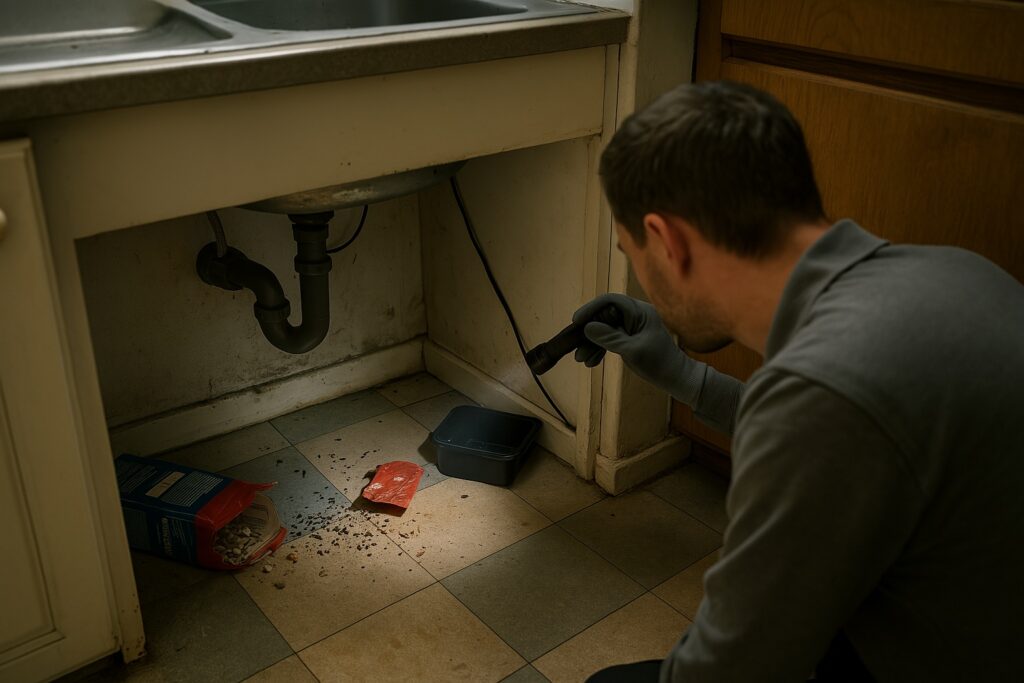 Inspection professionnelle contre les souris dans un appartement à Bruxelles Inspection d’un appartement à Bruxelles par un technicien dératiseur, à la recherche de signes de présence de souris sous un évier.