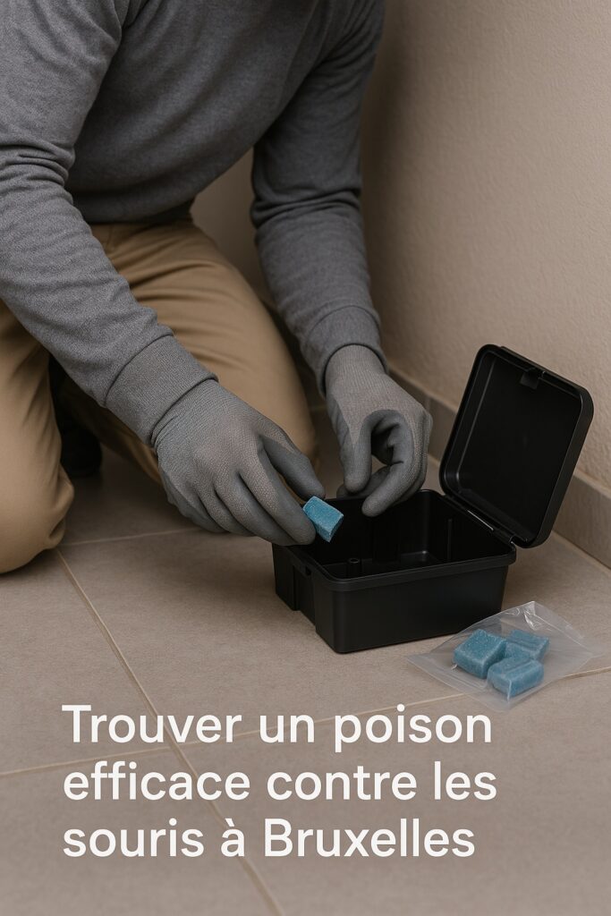 Pose d’un appât anti-souris professionnel à Bruxelles par un technicien agréé Technicien Clean Vermine à Bruxelles préparant un appât professionnel contre les souris dans une boîte noire sécurisée.